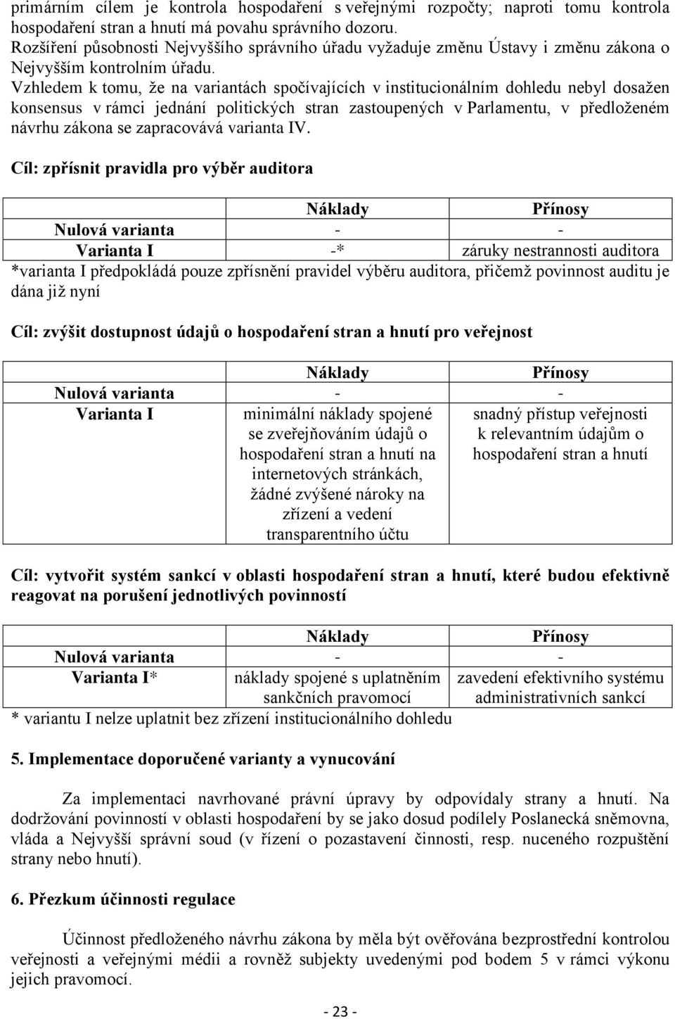 Vzhledem k tomu, že na variantách spočívajících v institucionálním dohledu nebyl dosažen konsensus v rámci jednání politických stran zastoupených v Parlamentu, v předloženém návrhu zákona se