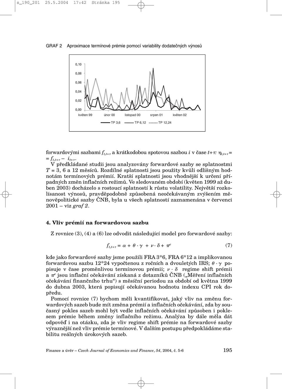 12,24 forwardov mi sazbami f t,t+ a krátkodobou spotovou sazbou i v ãase t+ : t,t+ = =f t,t+ i t+. V pfiedkládané studii jsou analyzovány forwardové sazby se splatnostmi T = 3, 6 a 12 mûsícû.