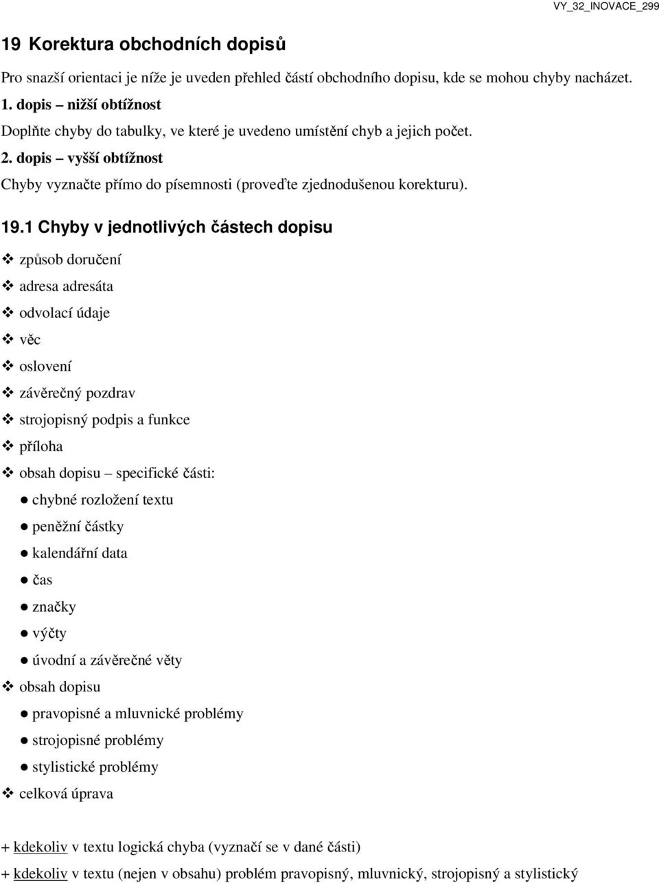 1 Chyby v jednotlivých částech dopisu způsob doručení adresa adresáta odvolací údaje věc oslovení závěrečný pozdrav strojopisný podpis a funkce příloha obsah dopisu specifické části: chybné rozložení