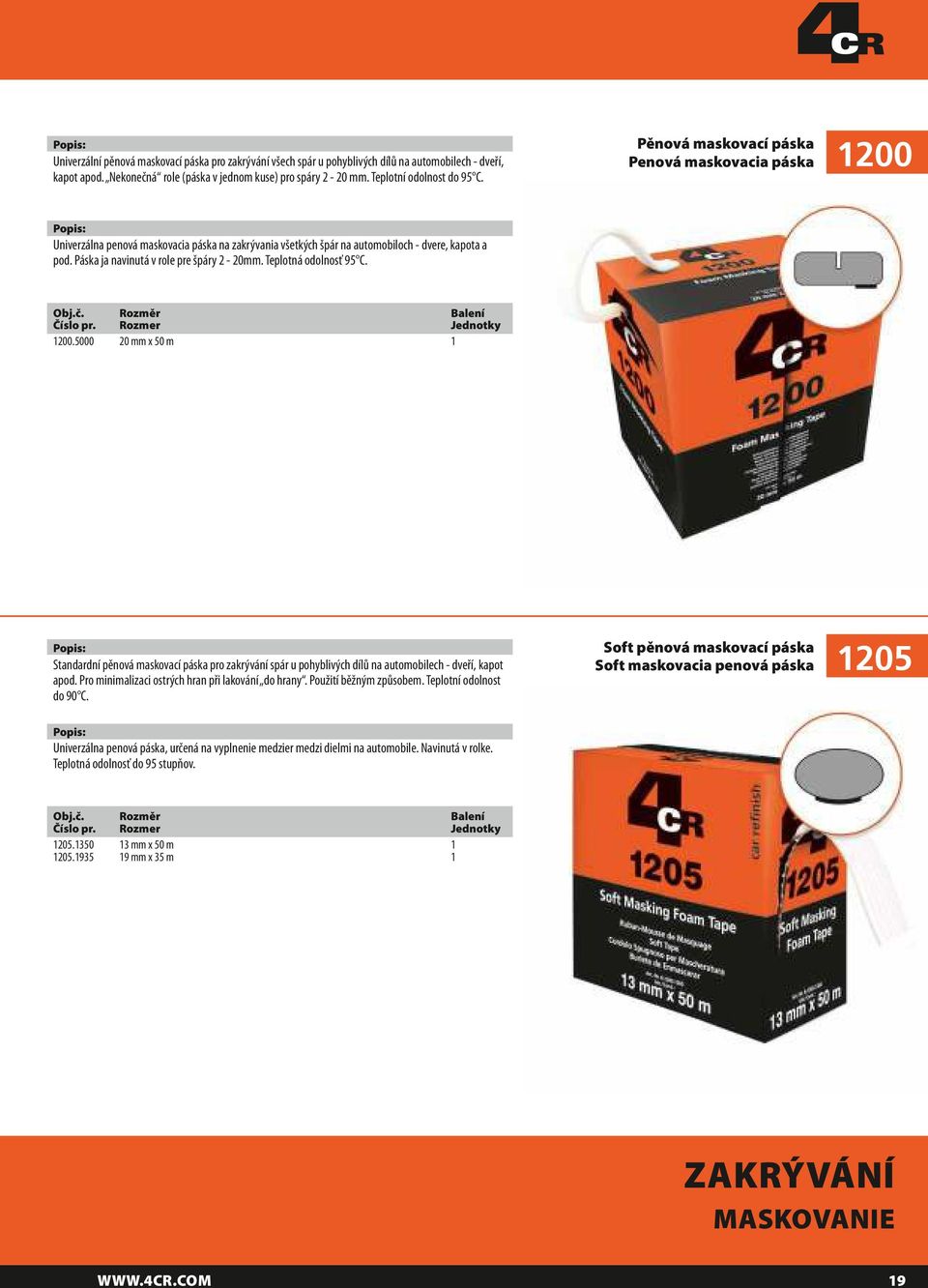 Teplotná odolnosť 95 C. Obj.č. Rozměr Balení 1200.5000 20 mm x 50 m 1 Standardní pěnová maskovací páska pro zakrývání spár u pohyblivých dílů na automobilech - dveří, kapot apod.