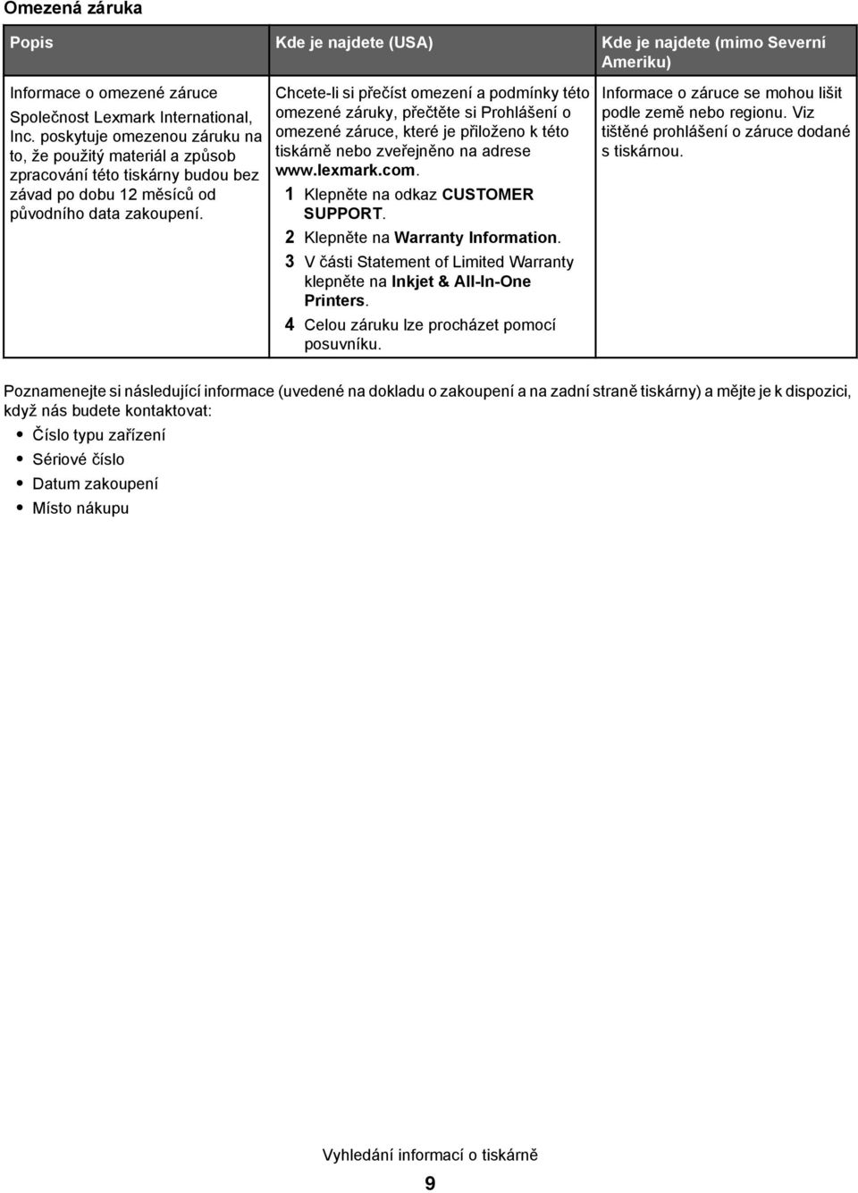 Chcete-li si přečíst omezení a podmínky této omezené záruky, přečtěte si Prohlášení o omezené záruce, které je přiloženo k této tiskárně nebo zveřejněno na adrese www.lexmark.com.