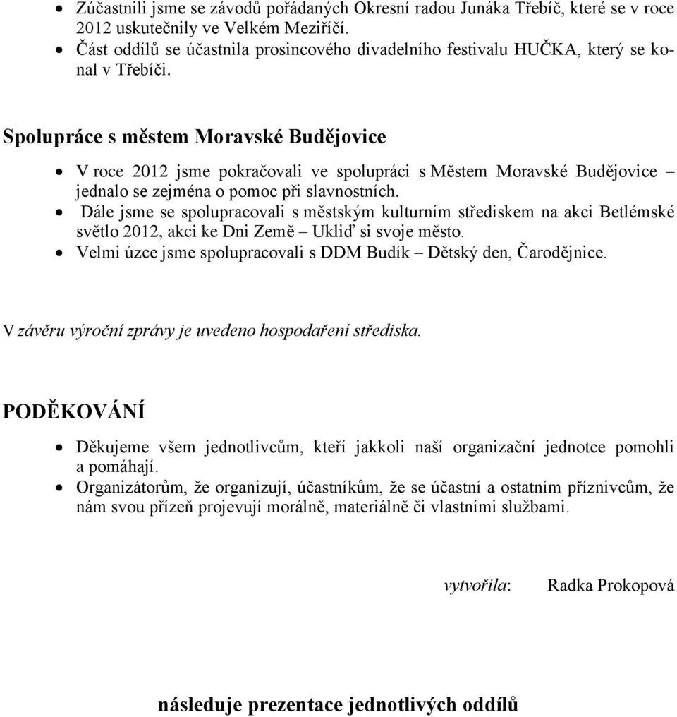 Spolupráce s městem Moravské Budějovice V roce 2012 jsme pokračovali ve spolupráci s Městem Moravské Budějovice jednalo se zejména o pomoc při slavnostních.