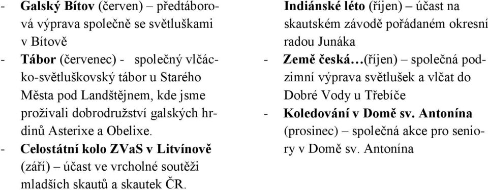 - Celostátní kolo ZVaS v Litvínově (září) účast ve vrcholné soutěži mladších skautů a skautek ČR.