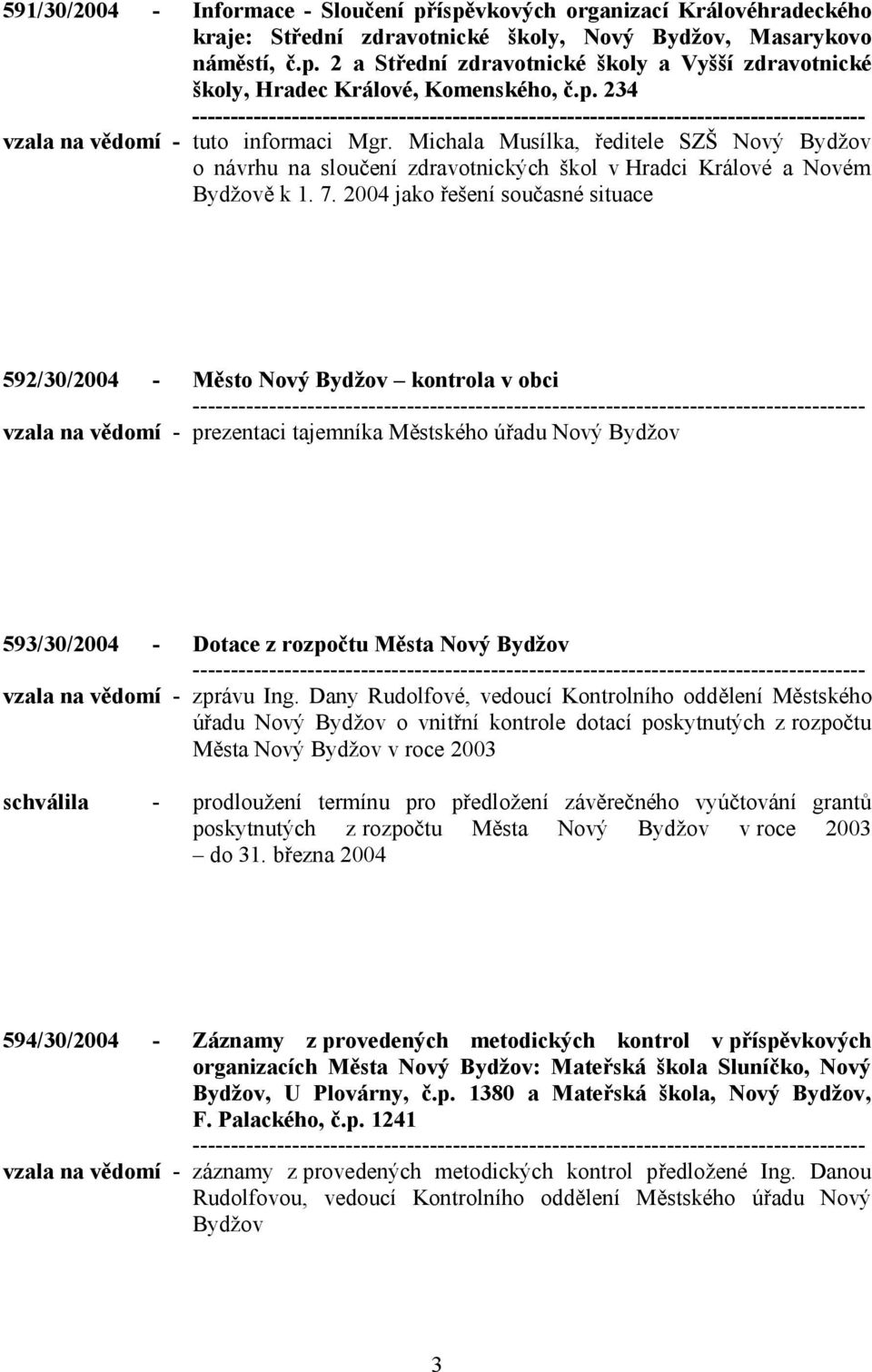 2004 jako řešení současné situace 592/30/2004 - Město Nový Bydžov kontrola v obci vzala na vědomí - prezentaci tajemníka Městského úřadu Nový Bydžov 593/30/2004 - Dotace z rozpočtu Města Nový Bydžov