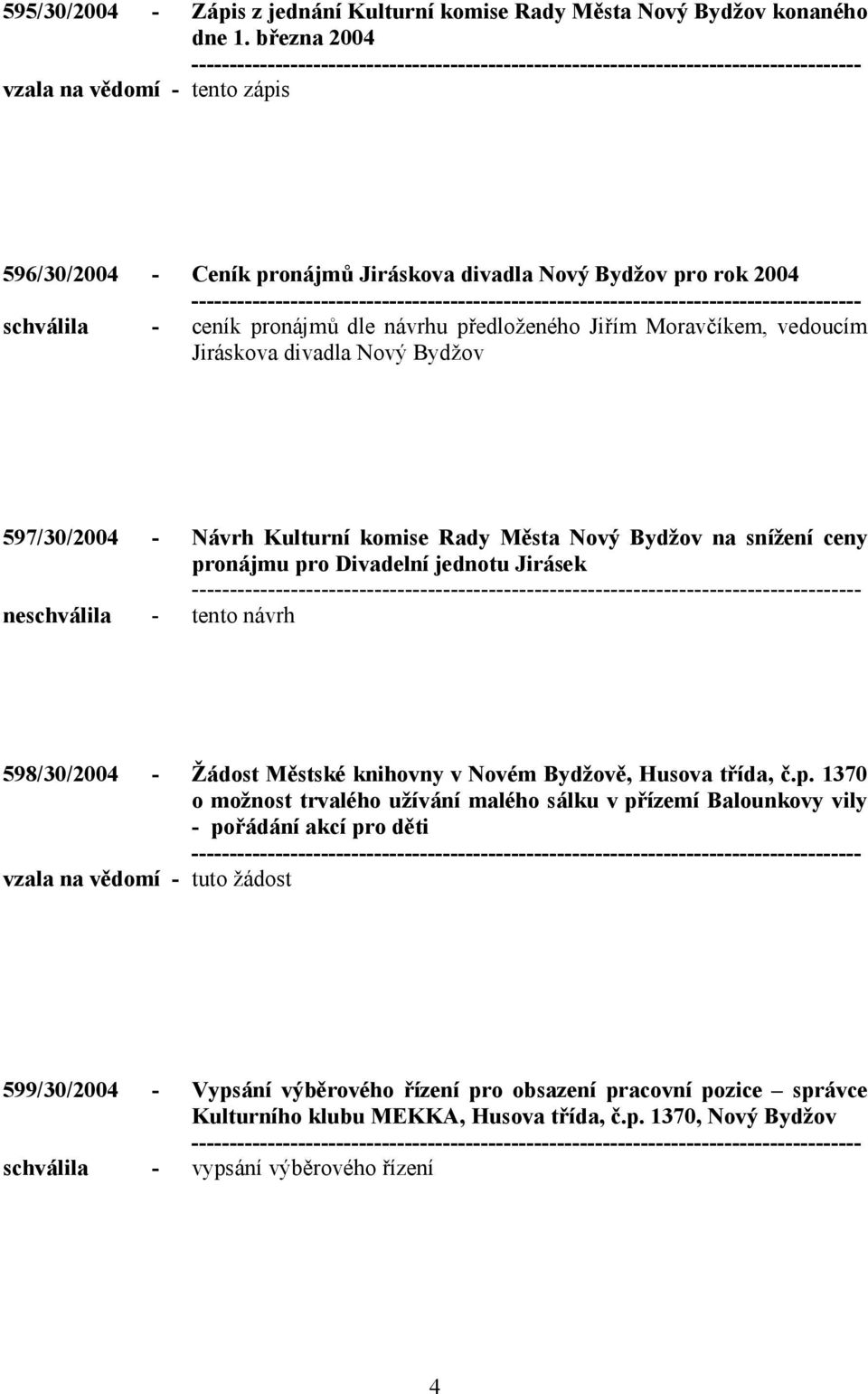 Jiráskova divadla Nový Bydžov 597/30/2004 - Návrh Kulturní komise Rady Města Nový Bydžov na snížení ceny pronájmu pro Divadelní jednotu Jirásek neschválila - tento návrh 598/30/2004 - Žádost Městské