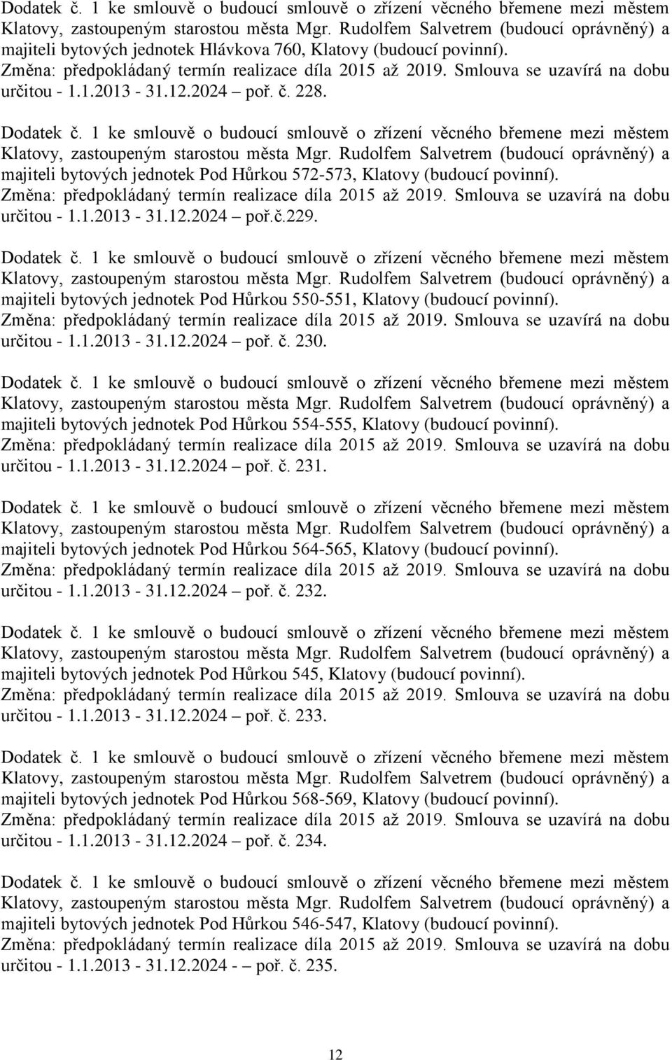 určitou - 1.1.2013-31.12.2024 poř. č. 231. majiteli bytových jednotek Pod Hůrkou 564-565, Klatovy (budoucí povinní). určitou - 1.1.2013-31.12.2024 poř. č. 232.