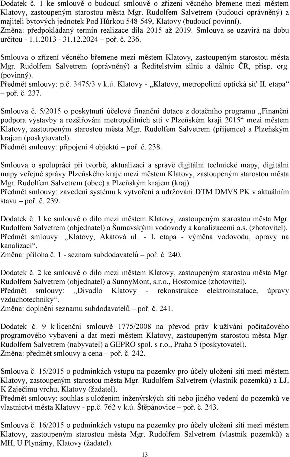 3475/3 v k.ú. Klatovy - Klatovy, metropolitní optická síť II. etapa poř. č. 237. Smlouva č.