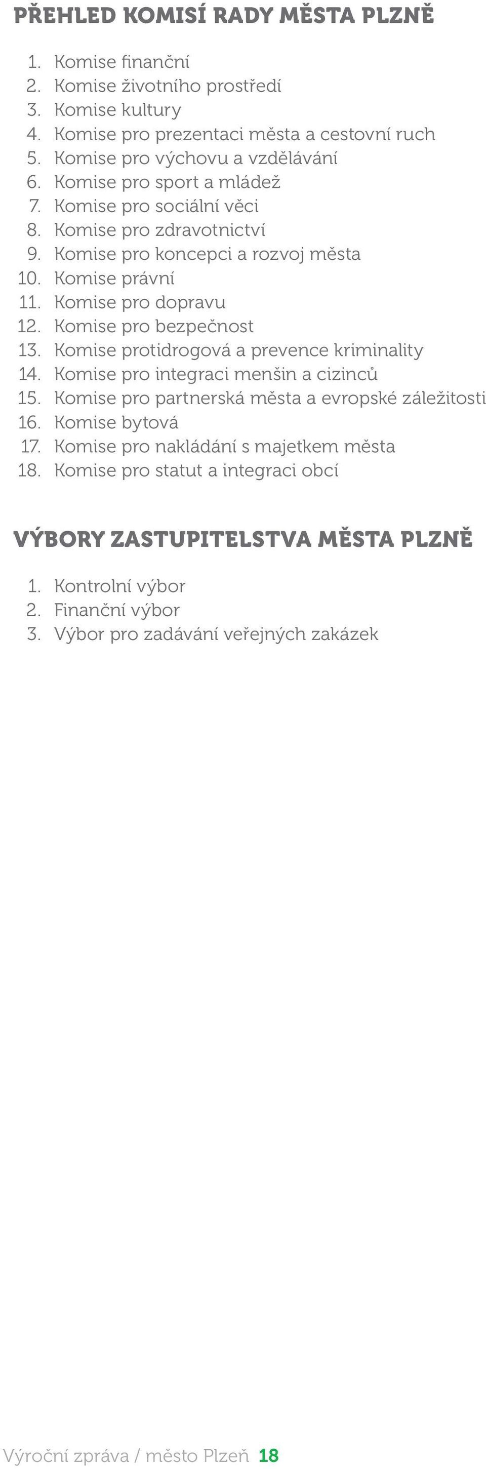 Komise pro bezpečnost 13. Komise protidrogová a prevence kriminality 14. Komise pro integraci menšin a cizinců 15. Komise pro partnerská města a evropské záležitosti 16. Komise bytová 17.