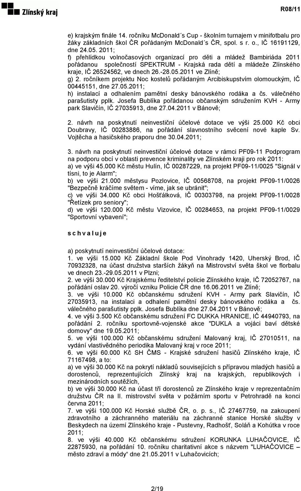 2011 ve Zlíně; g) 2. ročníkem projektu Noc kostelů pořádaným Arcibiskupstvím olomouckým, IČ 00445151, dne 27.05.2011; h) instalací a odhalením pamětní desky bánovského rodáka a čs.