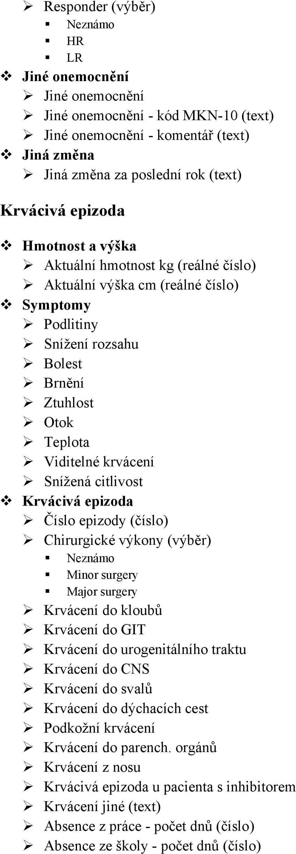 Číslo epizody (číslo) Chirurgické výkony (výběr) Minor surgery Major surgery Krvácení do kloubů Krvácení do GIT Krvácení do urogenitálního traktu Krvácení do CNS Krvácení do svalů Krvácení do