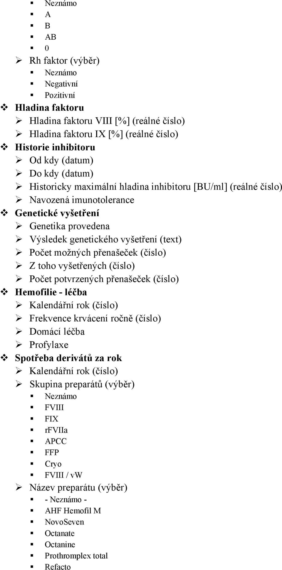 (číslo) Z toho vyšetřených (číslo) Počet potvrzených přenašeček (číslo) Hemofilie - léčba Kalendářní rok (číslo) Frekvence krvácení ročně (číslo) Domácí léčba Profylaxe Spotřeba derivátů za