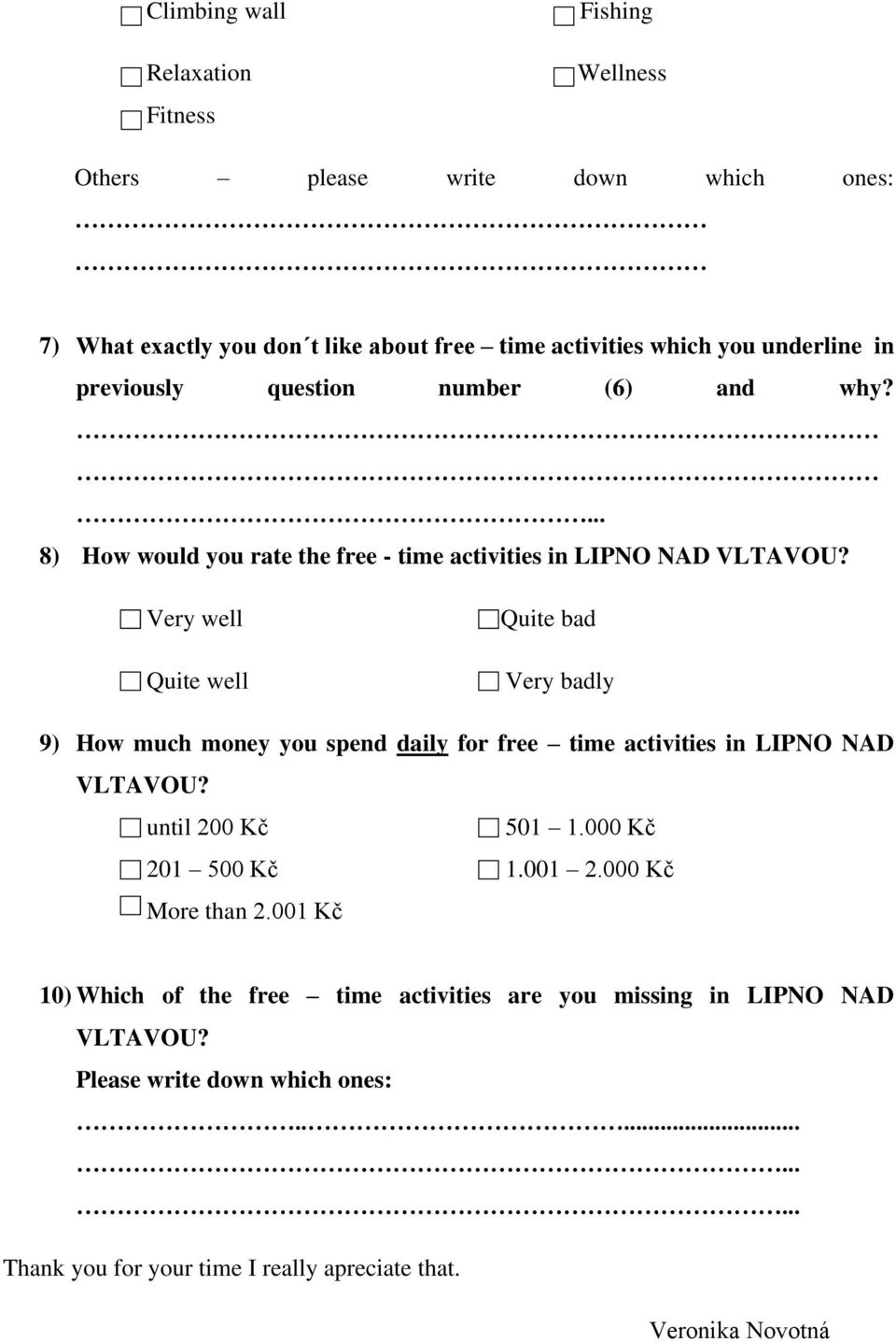 Very well Quite well Quite bad Very badly 9) How much money you spend daily for free time activities in LIPNO NAD VLTAVOU? until 200 Kč 501 1.000 Kč 201 500 Kč 1.