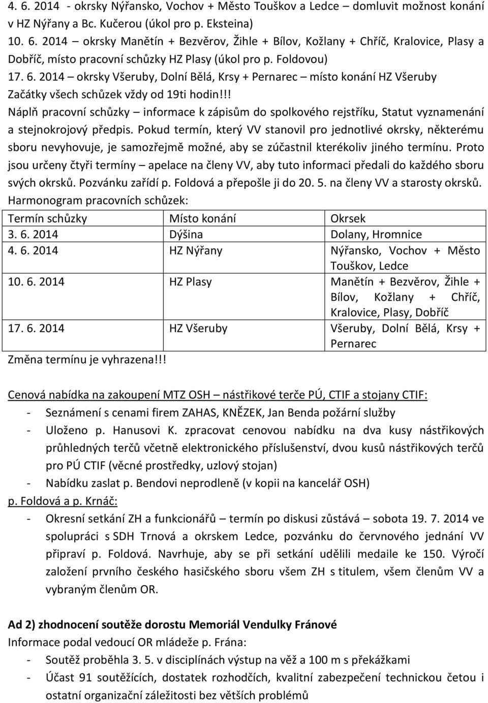 !! Náplň pracovní schůzky informace k zápisům do spolkového rejstříku, Statut vyznamenání a stejnokrojový předpis.