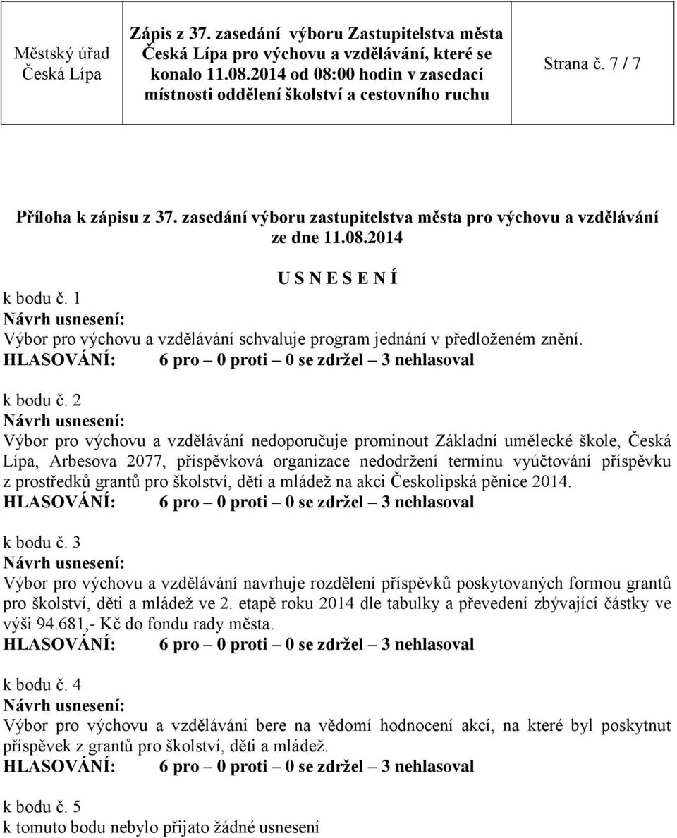 2 Výbor pro výchovu a vzdělávání nedoporučuje prominout Základní umělecké škole, Česká Lípa, Arbesova 2077, příspěvková organizace nedodržení termínu vyúčtování příspěvku z prostředků grantů pro