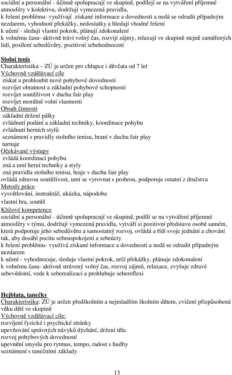 rozvijí zájmy, relaxují ve skupině stejně zaměřených lidí, posílení sebedůvěry, pozitivní sebehodnocení Stolní tenis Charakteristika ZÚ je určen pro chlapce i děvčata od 7 let Výchovně vzdělávací