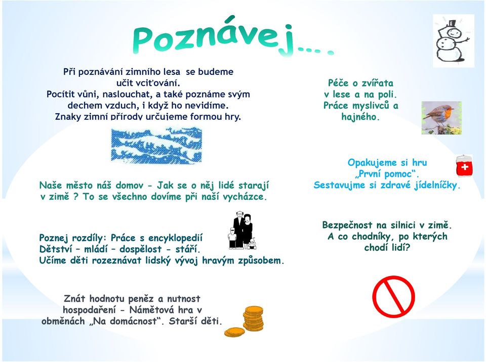 To se všechno dovíme při naší vycházce. Opakujeme si hru První pomoc. Sestavujme si zdravé jídelníčky.