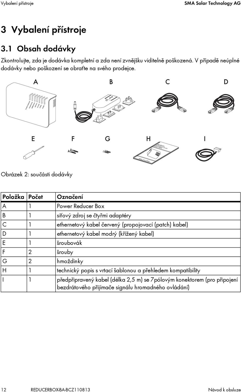 Obrázek 2: součásti dodávky Položka Počet Označení A 1 Power Reducer Box B 1 síťový zdroj se čtyřmi adaptéry C 1 ethernetový kabel červený (propojovací (patch) kabel) D 1