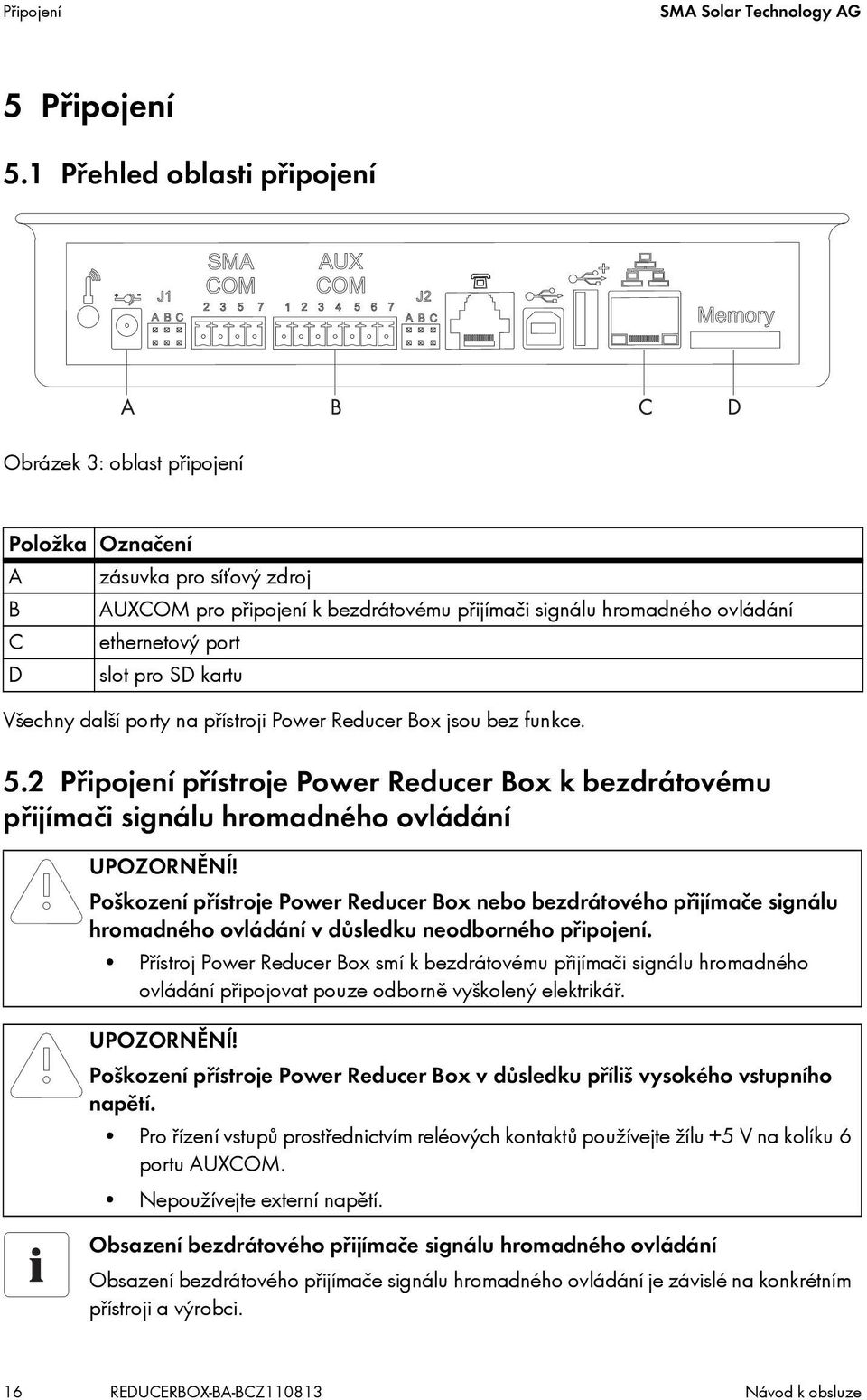 slot pro SD kartu Všechny další porty na přístroji Power Reducer Box jsou bez funkce. 5.2 Připojení přístroje Power Reducer Box k bezdrátovému přijímači signálu hromadného ovládání UPOZORNĚNÍ!