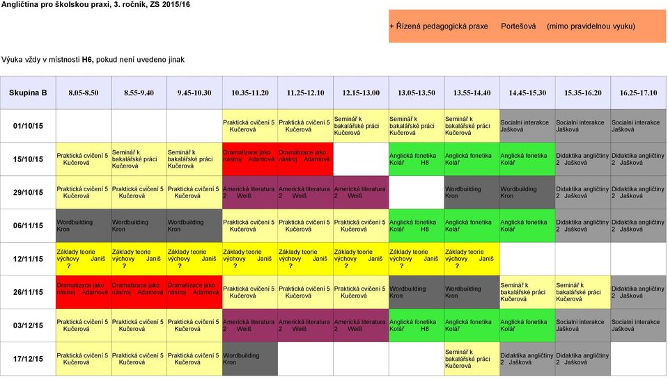 vždy v místnosti H6, pokud není uvedeno jinak Skupina B 01/10/15 15/10/15