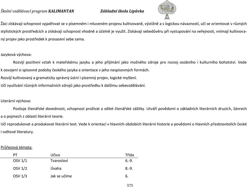Jazyková výchova: Rozvíjí pozitivní vztah k mateřskému jazyku a jeho přijímání jako možného zdroje pro rozvoj osobního i kulturního bohatství.