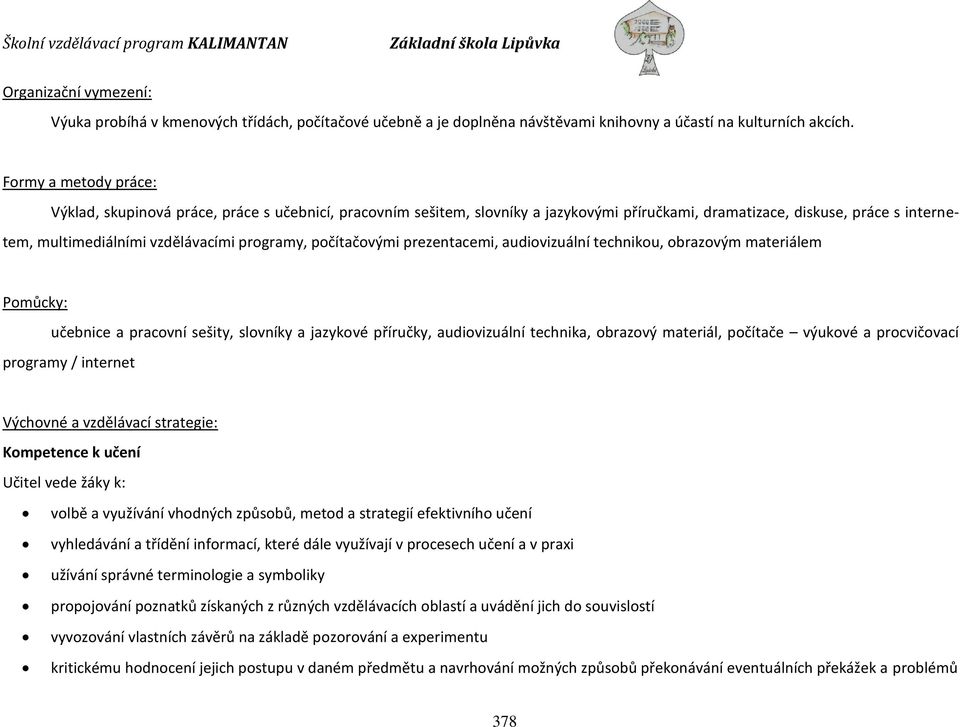 počítačovými prezentacemi, audiovizuální technikou, obrazovým materiálem Pomůcky: učebnice a pracovní sešity, slovníky a jazykové příručky, audiovizuální technika, obrazový materiál, počítače výukové