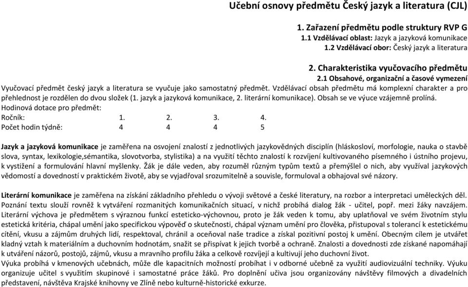 Vzdělávací obsah předmětu má komplexní charakter a pro přehlednost je rozdělen do dvou složek (1. jazyk a jazyková komunikace, 2. literární komunikace). Obsah se ve výuce vzájemně prolíná.