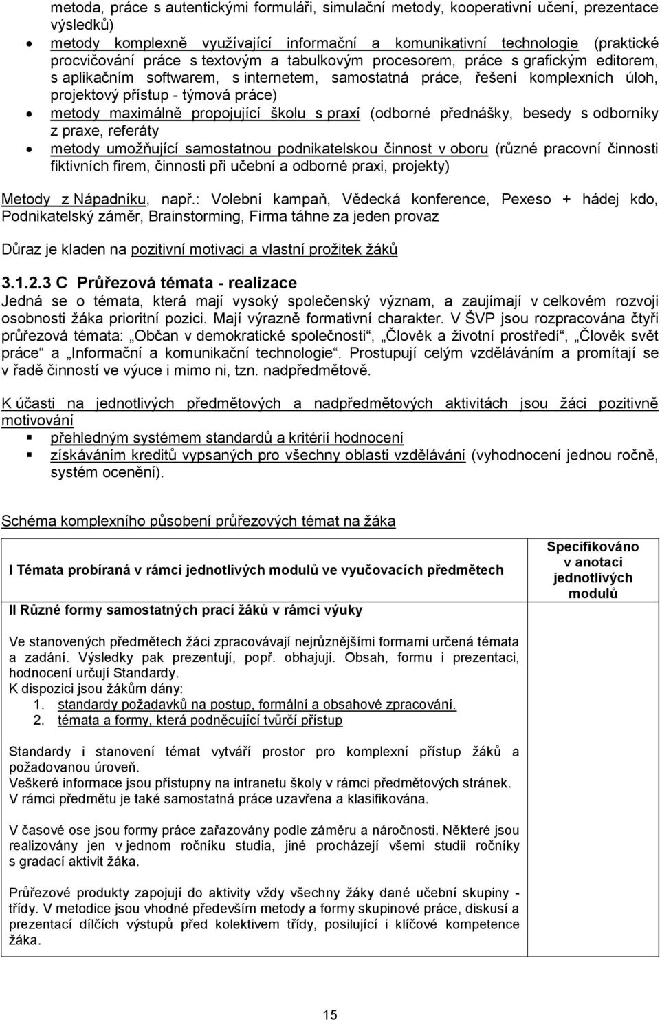 propojující školu s praxí (odborné přednášky, besedy s odborníky z praxe, referáty metody umožňující samostatnou podnikatelskou činnost v oboru (různé pracovní činnosti fiktivních firem, činnosti při