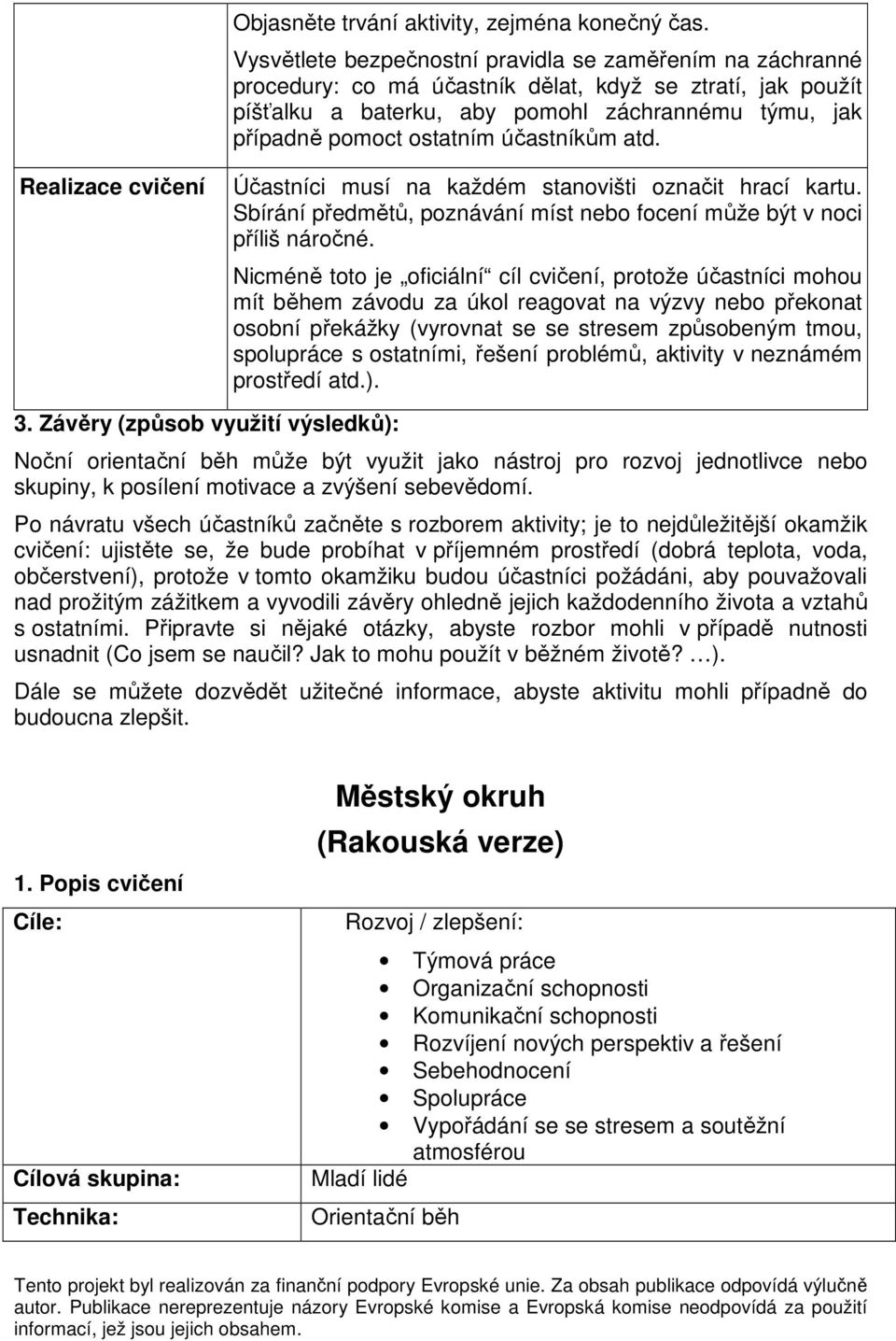 účastníkům atd. Realizace cvičení Účastníci musí na každém stanovišti označit hrací kartu. Sbírání předmětů, poznávání míst nebo focení může být v noci příliš náročné.