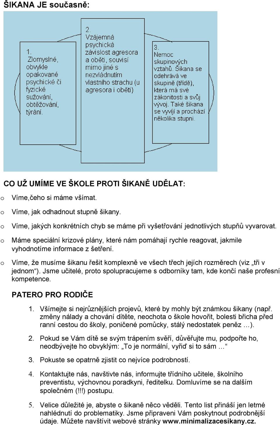 Jsme učitelé, prt splupracujeme s dbrníky tam, kde knčí naše prfesní kmpetence. PATERO PRO RODIČE 1. Všímejte si nejrůznějších prjevů, které by mhly být známku šikany (např.