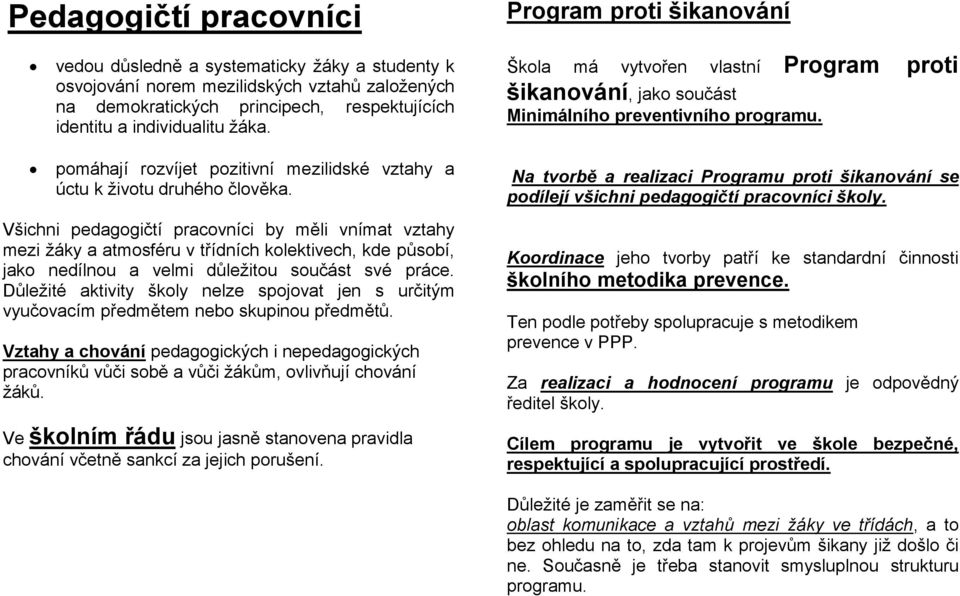 Na tvorbě a realizaci Programu proti šikanování se podílejí všichni pedagogičtí pracovníci školy.