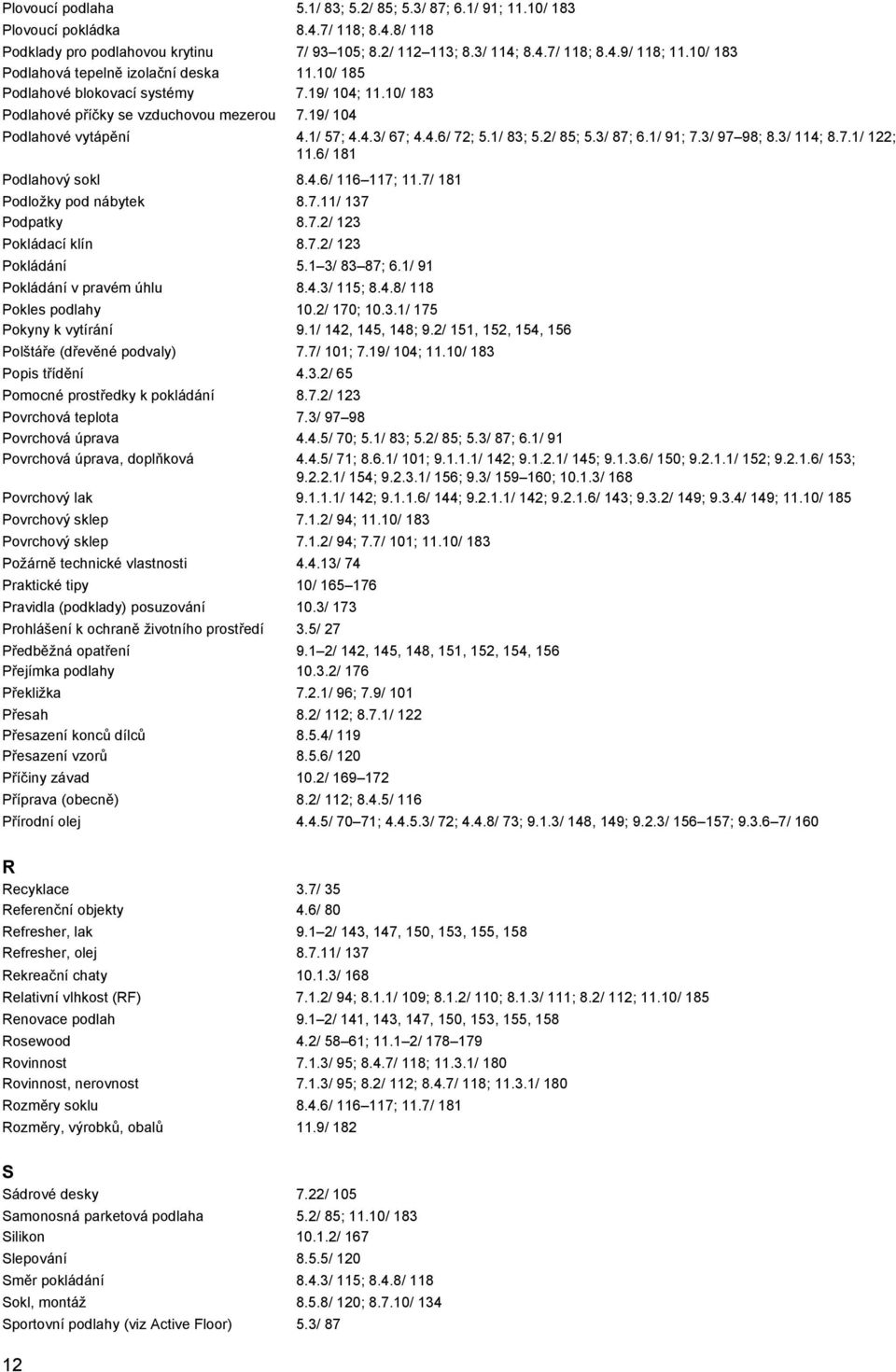 1/ 83; 5.2/ 85; 5.3/ 87; 6.1/ 91; 7.3/ 97 98; 8.3/ 114; 8.7.1/ 122; 11.6/ 181 Podlahový sokl 8.4.6/ 116 117; 11.7/ 181 Podložky pod nábytek 8.7.11/ 137 Podpatky 8.7.2/ 123 Pokládací klín 8.7.2/ 123 Pokládání 5.