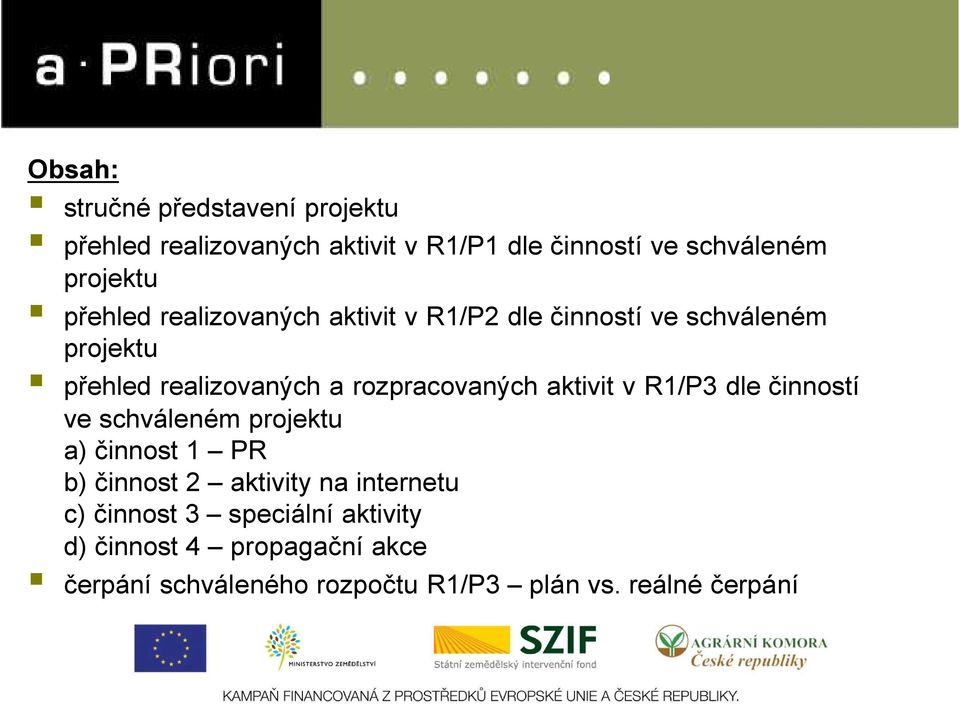 rozpracovaných aktivit v R1/P3 dle činností ve schváleném projektu a) činnost 1 PR b) činnost 2 aktivity na