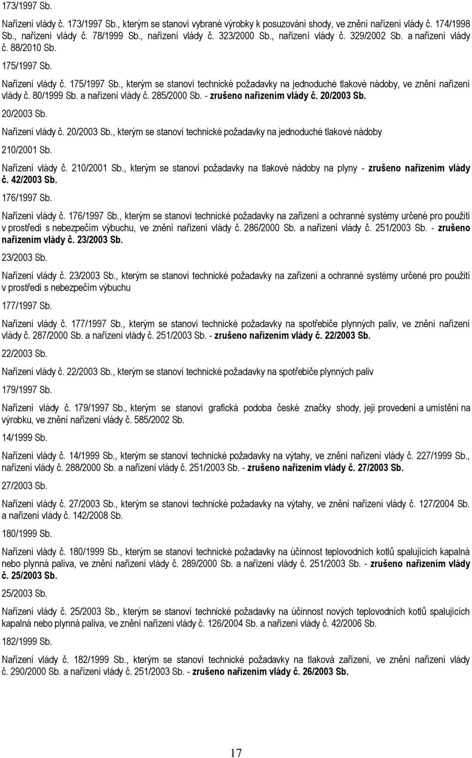 80/1999 Sb. a nařízení vlády č. 285/2000 Sb. - zrušeno nařízením vlády č. 20/2003 Sb. 20/2003 Sb. Nařízení vlády č. 20/2003 Sb., kterým se stanoví technické požadavky na jednoduché tlakové nádoby 210/2001 Sb.