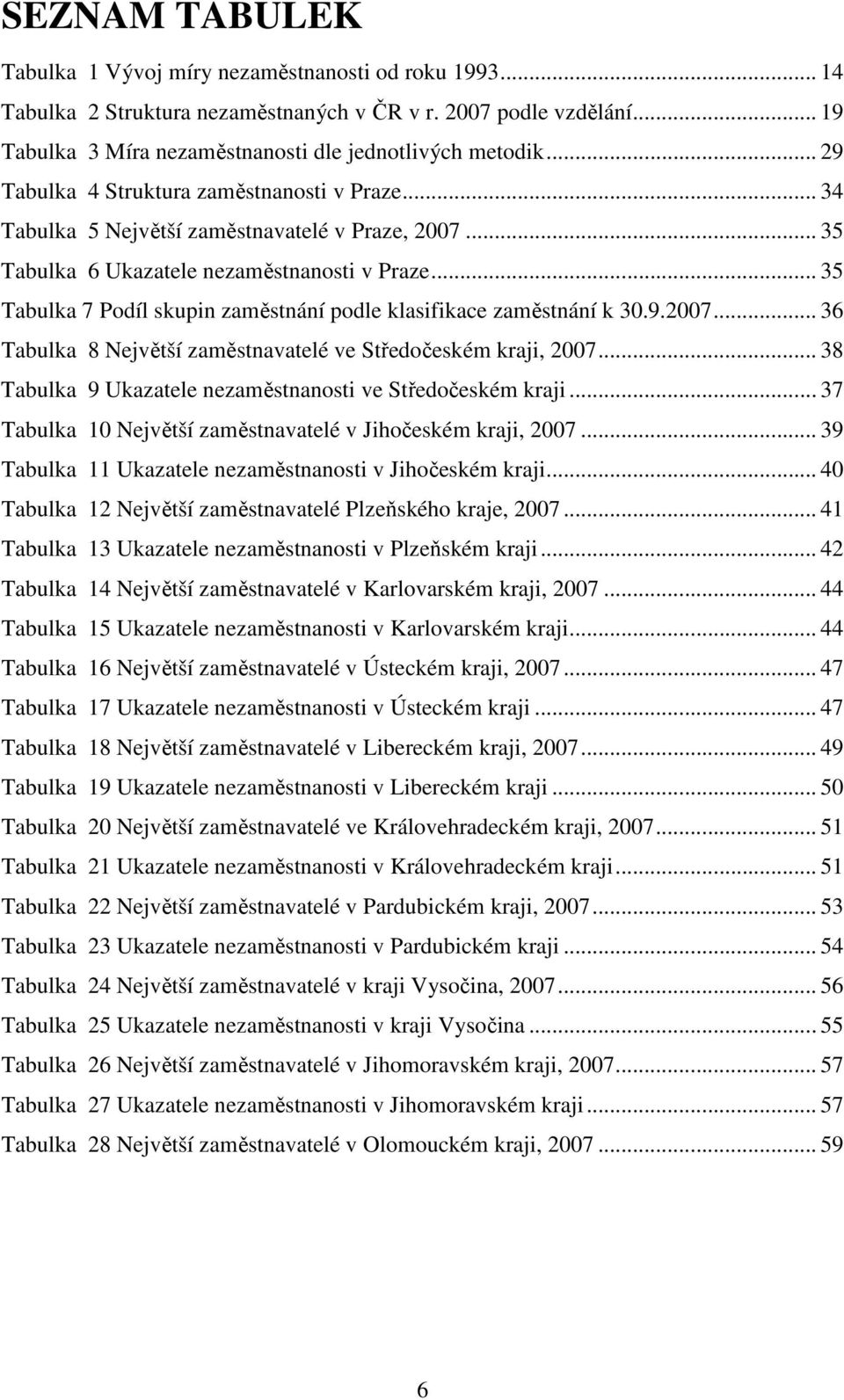 .. 35 Tabulka 7 Podíl skupin zaměstnání podle klasifikace zaměstnání k 30.9.2007... 36 Tabulka 8 Největší zaměstnavatelé ve Středočeském kraji, 2007.