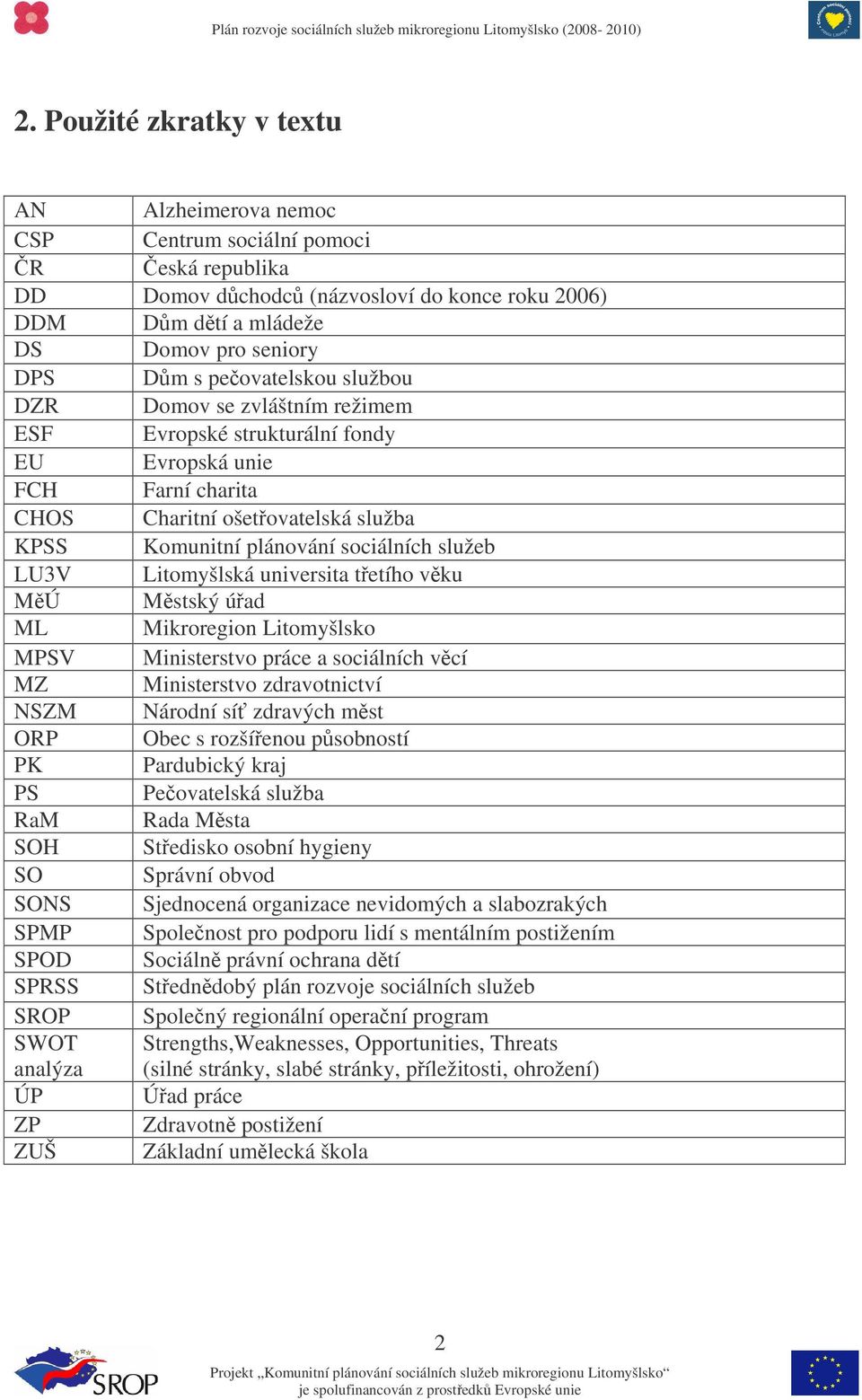 LU3V Litomyšlská universita tetího vku MÚ Mstský úad ML Mikroregion Litomyšlsko MPSV Ministerstvo práce a sociálních vcí MZ Ministerstvo zdravotnictví NSZM Národní sí zdravých mst ORP Obec s