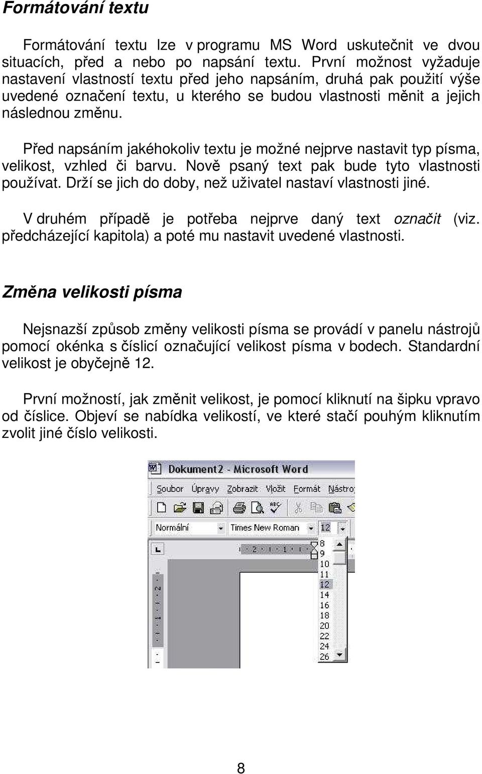 Před napsáním jakéhokoliv textu je možné nejprve nastavit typ písma, velikost, vzhled či barvu. Nově psaný text pak bude tyto vlastnosti používat.