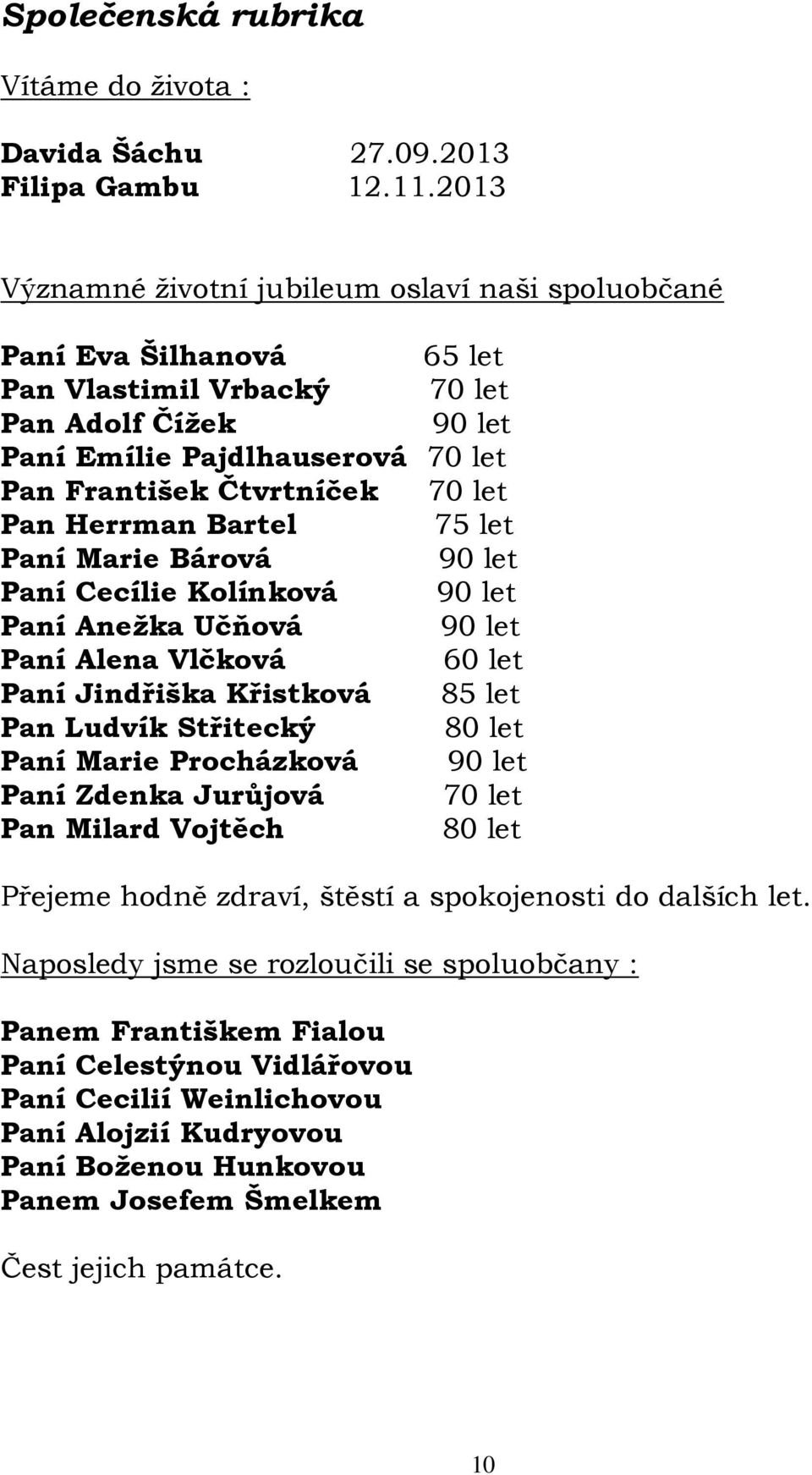 Pan Herrman Bartel 75 let Paní Marie Bárová 90 let Paní Cecílie Kolínková 90 let Paní Anežka Učňová 90 let Paní Alena Vlčková 60 let Paní Jindřiška Křistková 85 let Pan Ludvík Střitecký 80 let Paní