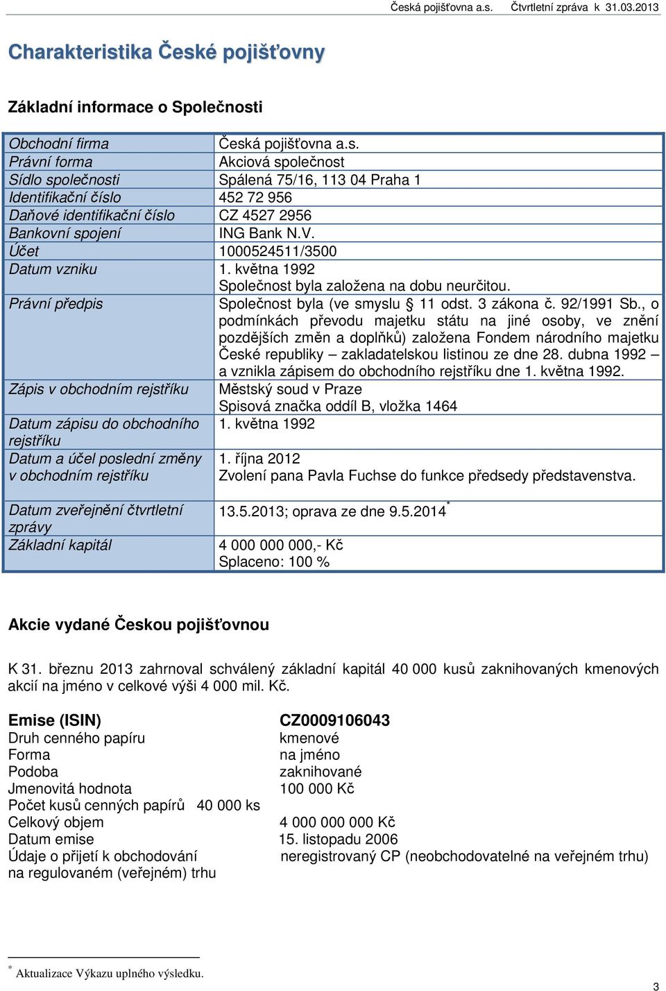 , o podmínkách převodu majetku státu na jiné osoby, ve znění pozdějších změn a doplňků) založena Fondem národního majetku České republiky zakladatelskou listinou ze dne 28.