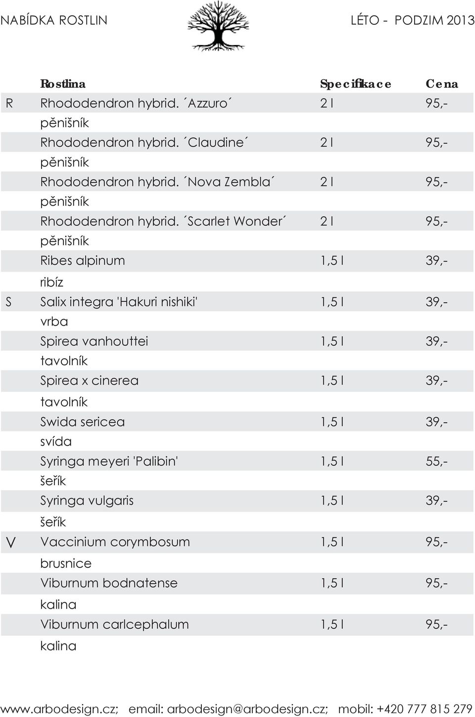 Scarlet Wonder 2 l 95,- pěnišník Ribes alpinum 1,5 l 39,- ribíz S Salix integra 'Hakuri nishiki' 1,5 l 39,- vrba Spirea vanhouttei 1,5 l 39,-