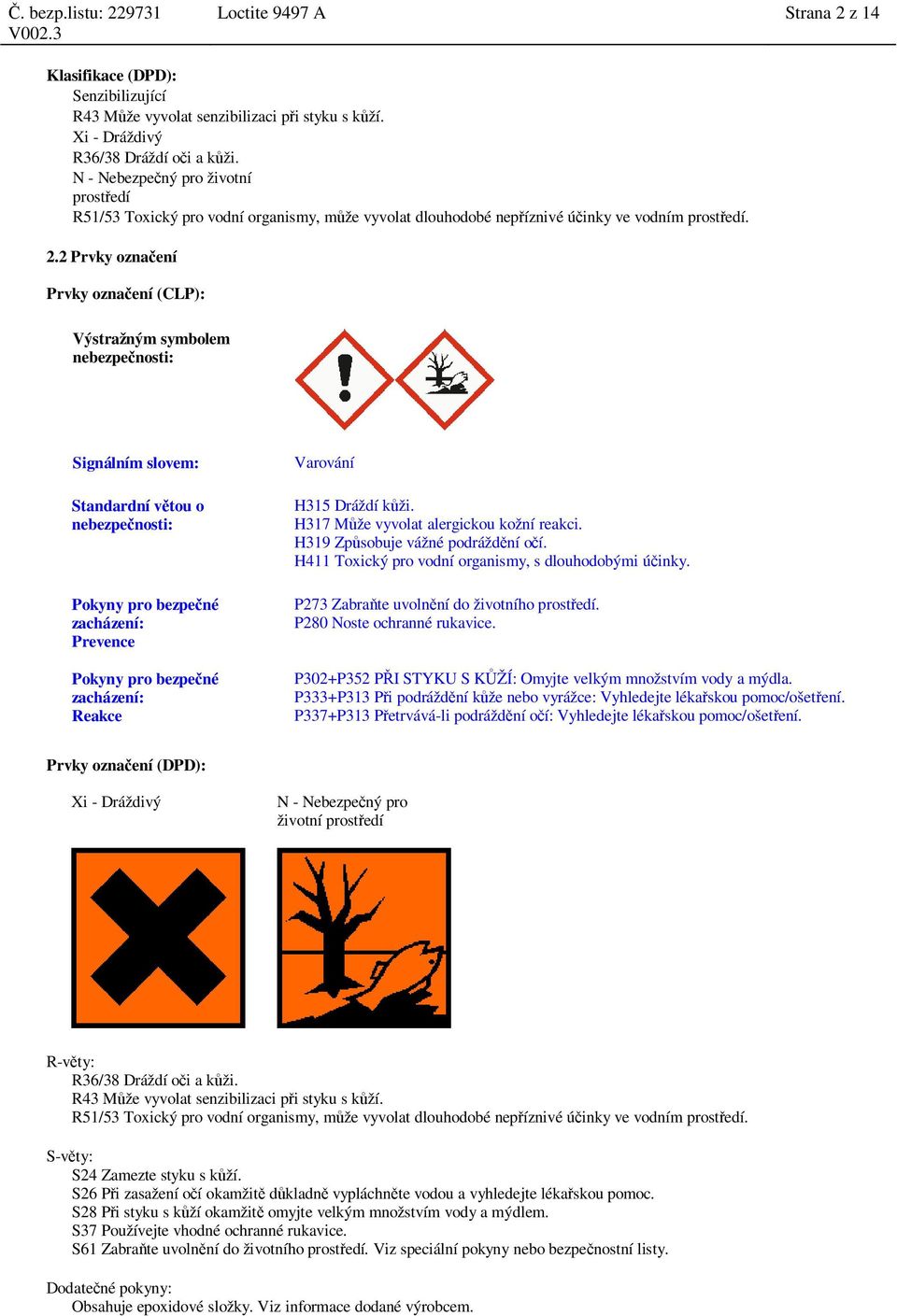 2 Prvky ozna ení Prvky ozna ení (CLP): Výstražným symbolem nebezpe nosti: Signálním slovem: Standardní v tou o nebezpe nosti: Pokyny pro bezpe né zacházení: Prevence Pokyny pro bezpe né zacházení: