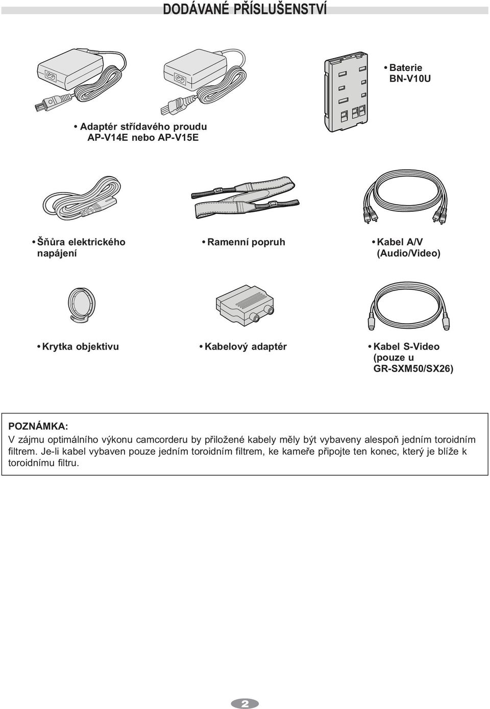 POZNÁMKA: V zájmu optimálního výkonu camcorderu by přiložené kabely měly být vybaveny alespoň jedním toroidním