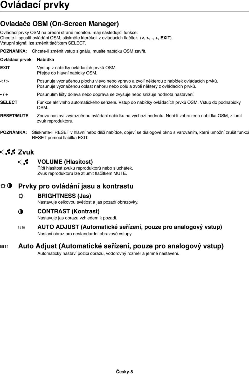 Ovládací prvek EXIT < / > - / + SELECT RESET/MUTE Nabídka V stup z nabídky ovládacích prvkû OSM. Pfiejde do hlavní nabídky OSM.