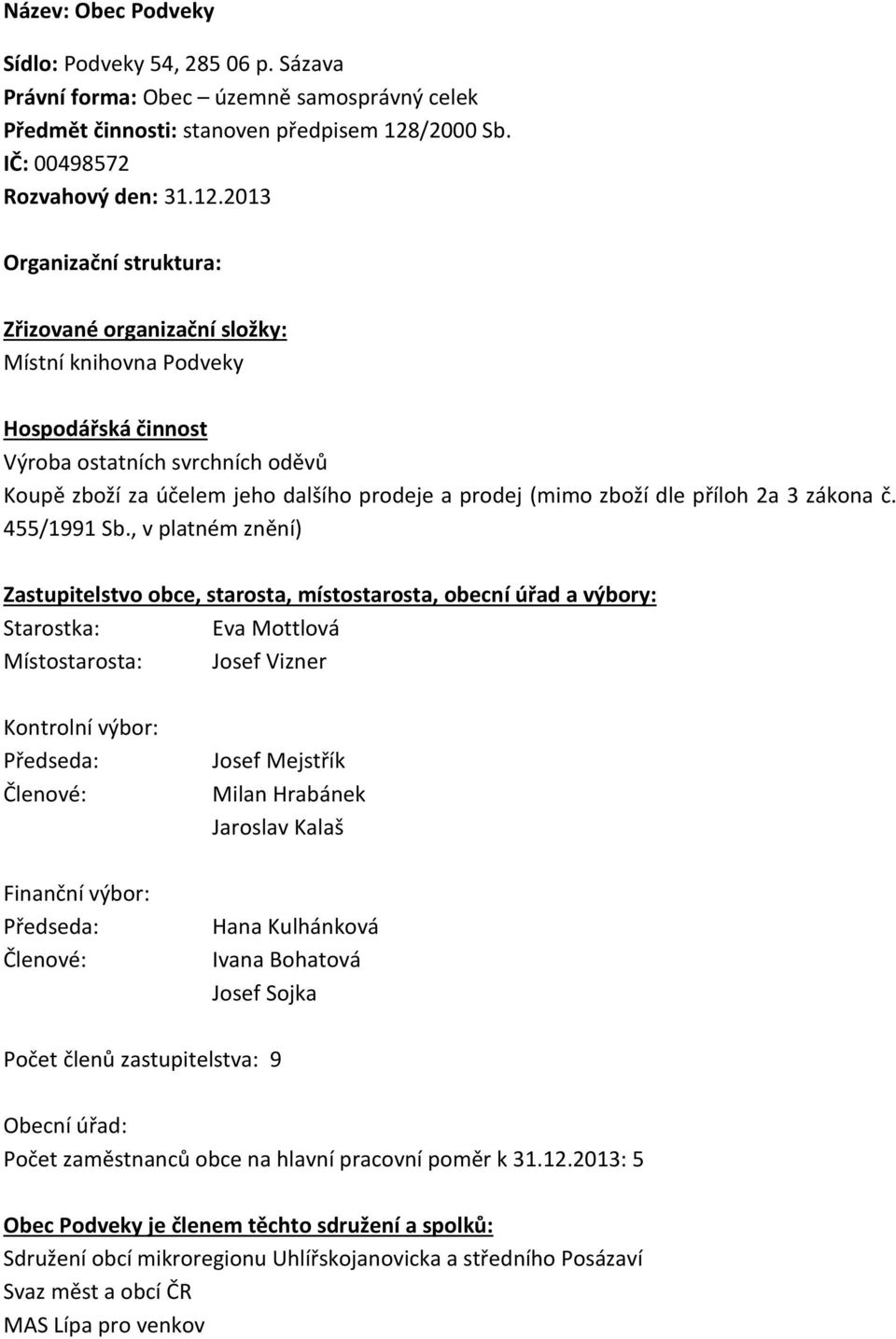 2013 Organizační struktura: Zřizované organizační složky: Místní knihovna Podveky Hospodářská činnost Výroba ostatních svrchních oděvů Koupě zboží za účelem jeho dalšího prodeje a prodej (mimo zboží