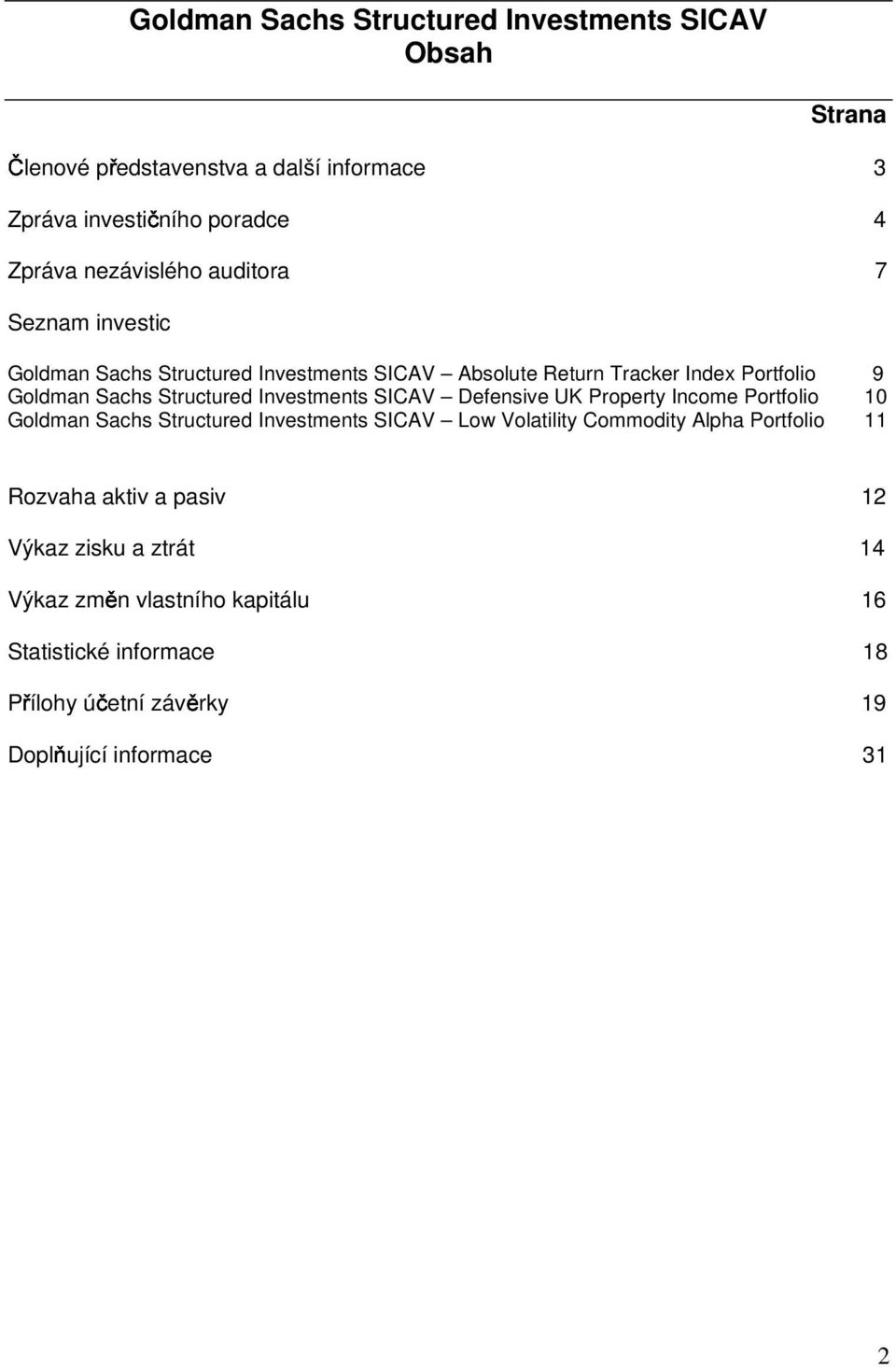 Investments SICAV Defensive UK Property Income Portfolio 10 Goldman Sachs Structured Investments SICAV Low Volatility Commodity Alpha Portfolio 11