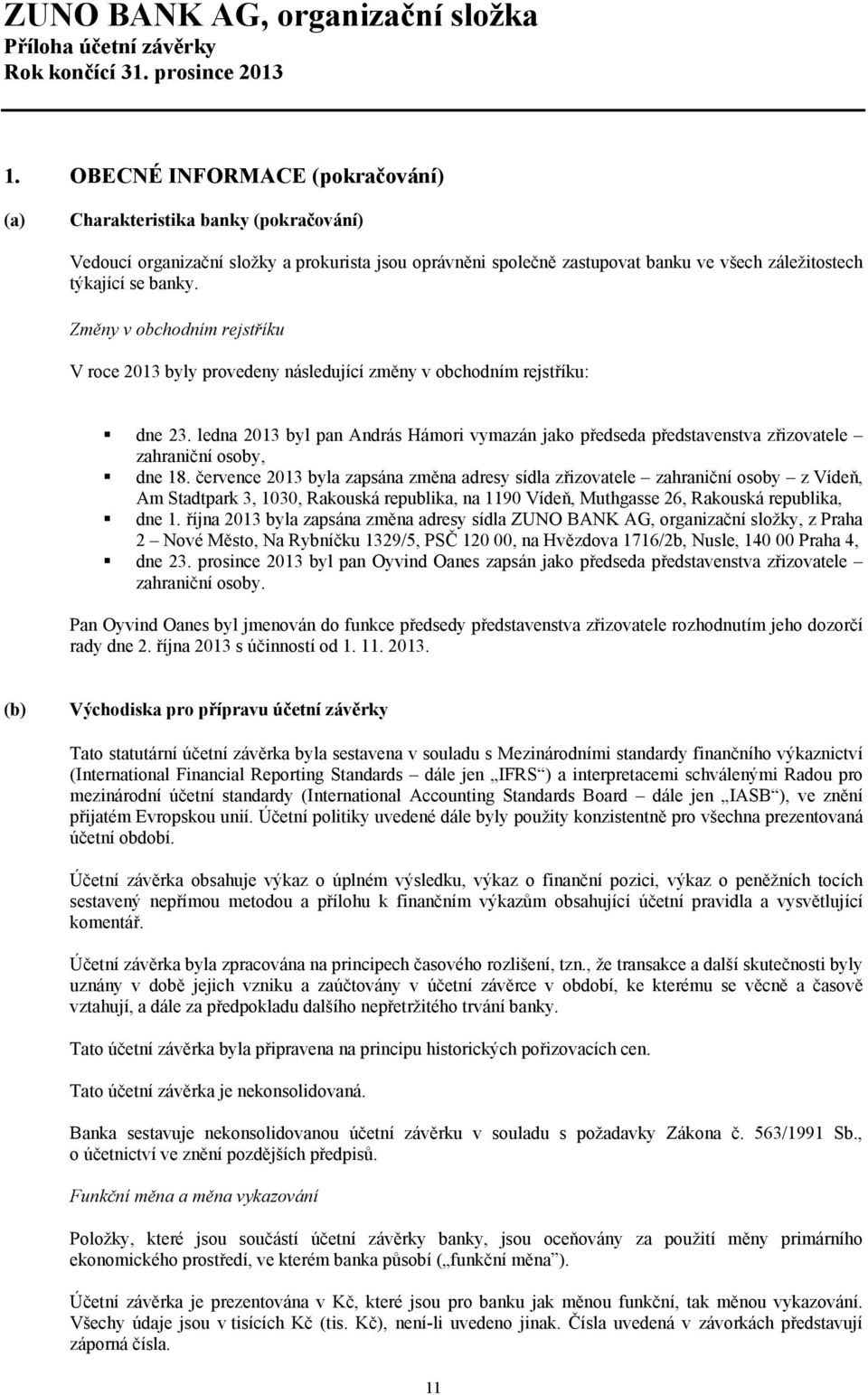 ledna 2013 byl pan András Hámori vymazán jako předseda představenstva zřizovatele zahraniční osoby, dne 18.