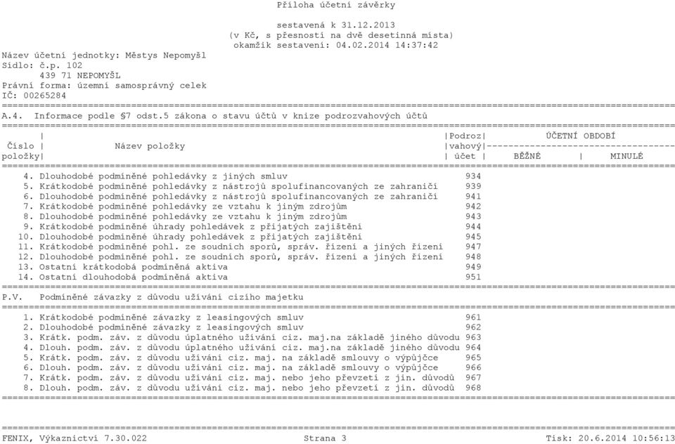 Dlouhodobé podmíněné pohledávky z nástrojů spolufinancovaných ze zahraničí 941 7. Krátkodobé podmíněné pohledávky ze vztahu k jiným zdrojům 942 8.