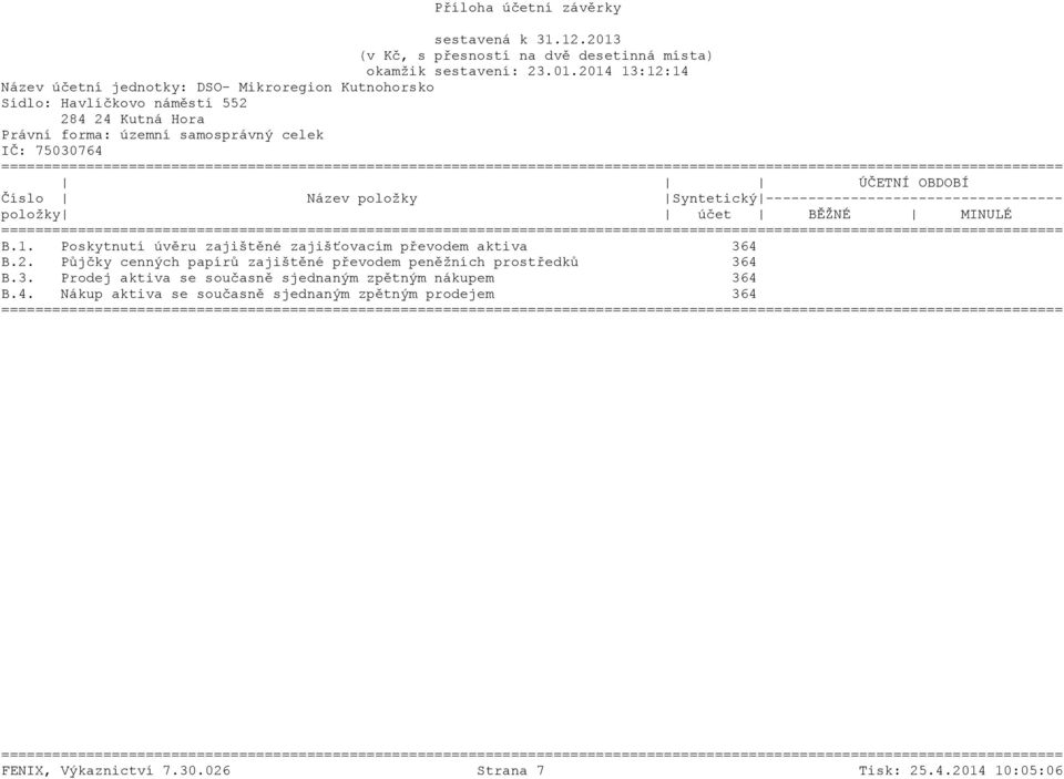 2014 13:12:14 ÚČETNÍ OBDOBÍ Číslo Název položky Syntetický ----------------------------------- položky účet BĚŽNÉ MINULÉ B.1. Poskytnutí úvěru zajištěné zajišťovacím převodem aktiva 364 B.