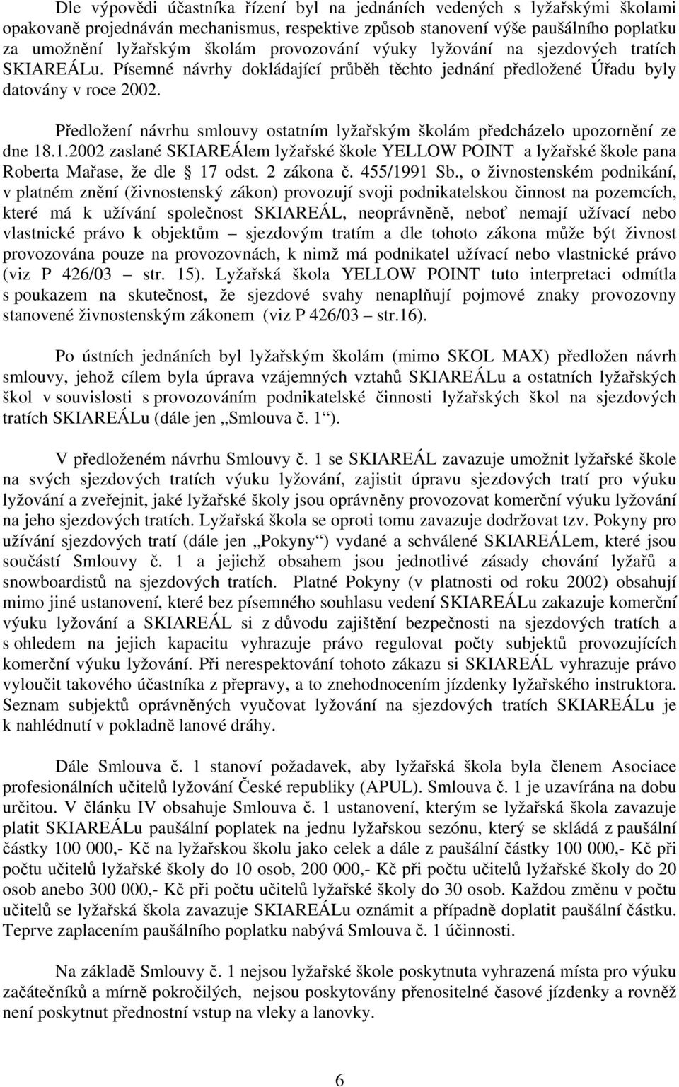 Předložení návrhu smlouvy ostatním lyžařským školám předcházelo upozornění ze dne 18.1.2002 zaslané SKIAREÁlem lyžařské škole YELLOW POINT a lyžařské škole pana Roberta Mařase, že dle 17 odst.