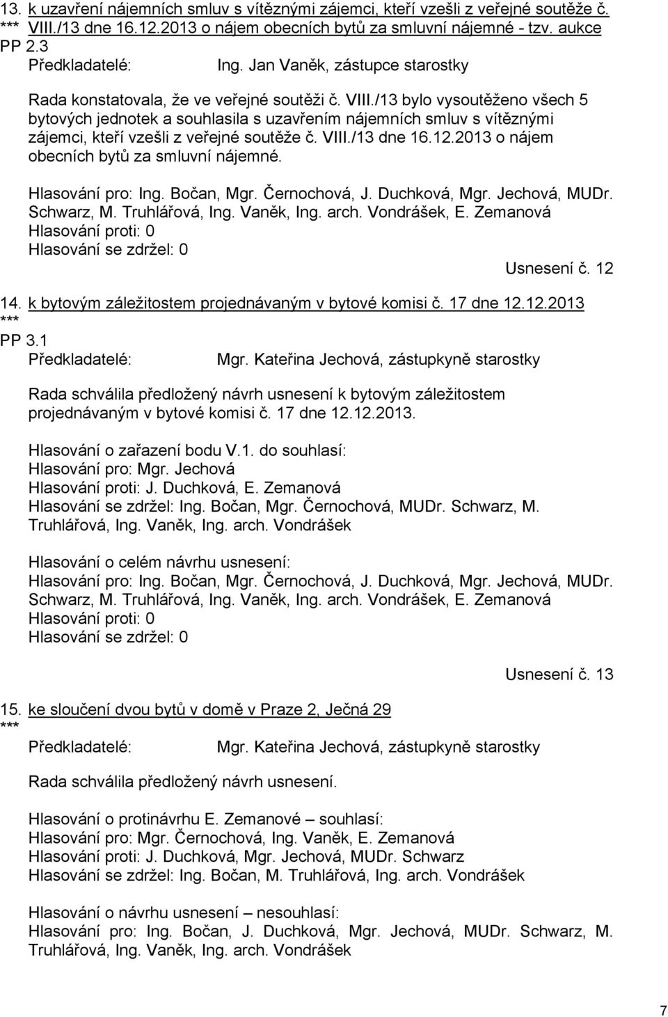 /13 bylo vysoutěženo všech 5 bytových jednotek a souhlasila s uzavřením nájemních smluv s vítěznými zájemci, kteří vzešli z veřejné soutěže č. VIII./13 dne 16.12.
