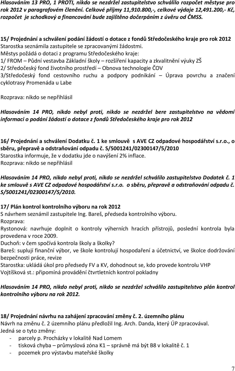 15/ Projednání a schválení podání žádostí o dotace z fondů Středočeského kraje pro rok 2012 Starostka seznámila zastupitele se zpracovanými žádostmi.